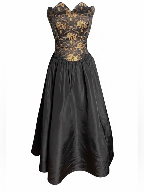 Jessica McClintock Dresses & Skirts - Gunne Sax by Jessica McClintock Black Gold Brocade Strapless Ball Gown Dress 6
